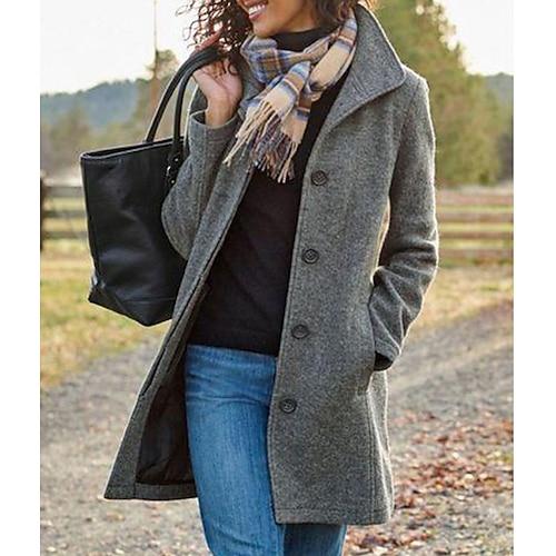 Damen Mantel Casual Streetstyle Gesmoktes Outdoor Strasse Urlaub Ausgehen Polyester Lang Mantel Winter Herbst Grün Hell Gray Einreihiger Verschluss Umlegekragen Regular Fit S M L XL XXL 3XL