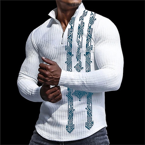 Herren Geometrie Waffel-Poloshirts Reißverschluss-Polo Golf Poloshirts Langarm Polo-Shirts Reißverschluss Alltagstauglich 3D Druck Herbst Winter Hellgelb Schwarz Gelb Image