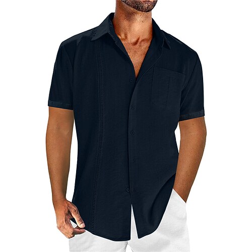 Herren Hemd leinenhemd Baumwoll-Leinenhemd Guayabera Hemd Sommerhemd Strandhemd Einfach Urlaub Lässig Schwarz Weiß Marineblau Blau Kurzarm Revers Sommer Bekleidung Fronttasche Image