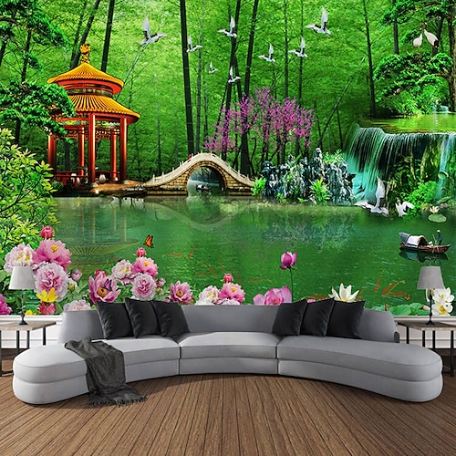 schöne grüne wandteppich bambus holzbrücke pflanzen natürliche landschaft kunst dekoration teppich vorhang hängen hause schlafzimmer wohnzimmer dekoration Wandtuch XXL Natur Image