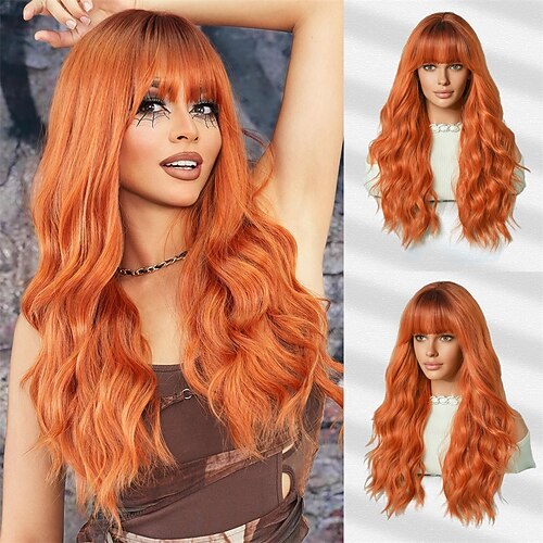 Lange gewellte Perücken mit Pony, 63,5 cm, schwarze Ombre-Rot-Synthetik-Perücke, herzförmige Perücken für Frauen, täglich, Party, Cosplay, verwendet Image