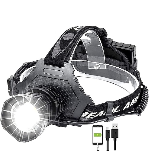XPH70 hellster LED-Arbeitsscheinwerfer, zoombar, wasserdicht, 90 ° einstellbar, 5 Modi, leichte Stirnlampe für Erwachsene, Camping, Schutzhelm, Jagd, Erkunden, Reiten Image