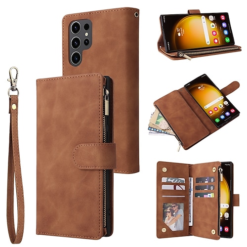 Handy Hülle Handyhüllen Für Samsung Galaxy S25 S24 S23 S23 FE S22 S21 Ultra Plus A14 A34 A54 A24 Brieftaschenhülle Reisverschluss Mit Handgelenkschlaufe Ständer Retro TPU PU-Leder Image