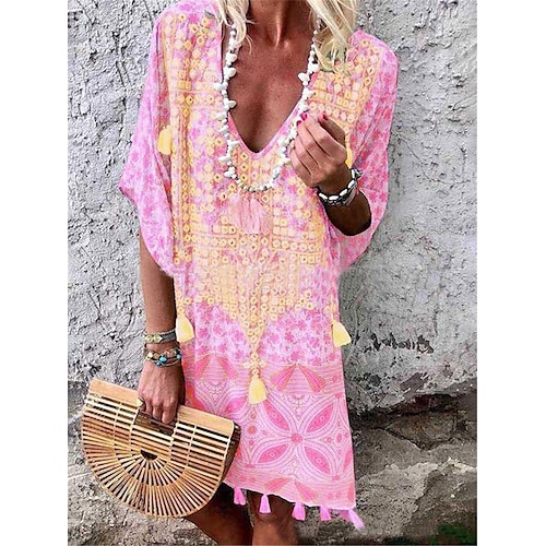 Damen Minikleid Vintage-Kleid Casual kleid Boho Chic Kleider Boho-Kleid Böhmen Ethnisch Urlaub Festtage Lockere Passform Geometrisch Stammes Halbe Ärmel V Ausschnitt Rosa Wein Grün Khaki Sommer Image