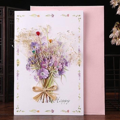 Handgemachte Trockenblumen-Grußkarten, Dankeskarte, Geburtstagsfeier, Abschlussfeier, Hochzeitseinladung, Jahrestagskarte, Blumenstraußkarte für Ehefrau, Valentinstag, Muttertagsgeschenk Image