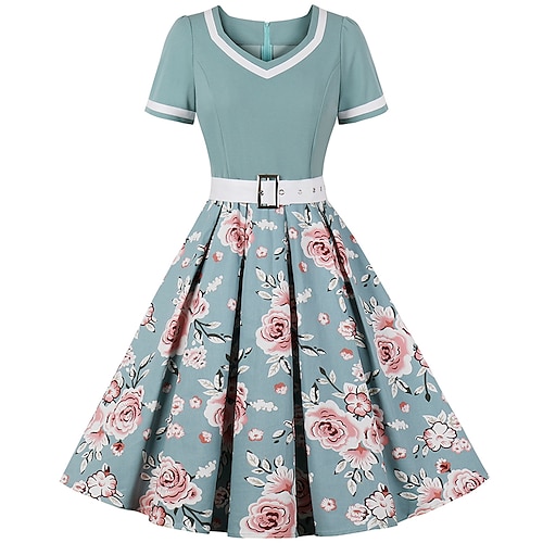 Retro Vintage 1950er Midlänge A-Linie Kleid Rockabilly Swing-Kleid Blumen A-Linie V Ausschnitt Kostüm Damen Karneval Maskerade Party-Abendmode Heimkehr Cocktailparty Erwachsene Kleid Image