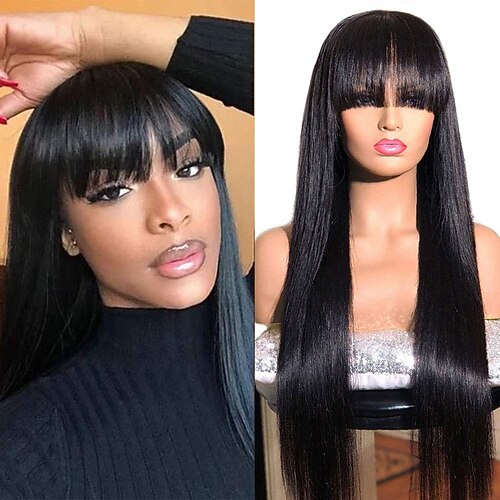 Seidige, glatte Echthaar-Perücken mit Pony, brasilianisches Jungfrau-Haar, keine Lace-Front-Perücken, maschinell hergestellte Perücken für schwarze Frauen, natürliche Farbe Image