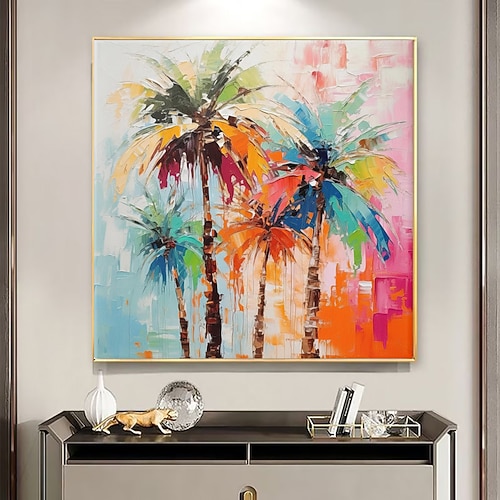 Handgefertigtes Ölgemälde auf Leinwand, Wandkunst, Dekoration, moderne Pflanzenblume, farbige Kokosnussbaum-Messermalerei für Zuhause, Wohnzimmer, Flur, Dekor, gerollt, rahmenlos, ungedehnt Image