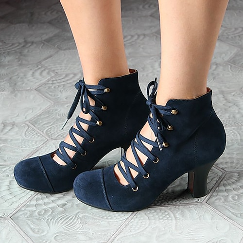 Damen-Stiefeletten zum Schnüren im Vintage-Stil – Retro-Wildlederstiefeletten mit hohem Absatz im viktorianischen Stil für Partys, Hochzeiten oder Cosplay Image