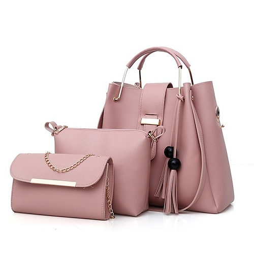 3-teiliges Handtaschen-Set für Damen – rosa Tragetasche aus Kunstleder, Umhängetasche und Clutch mit Kette und Quastendetail für den eleganten und lässigen Gebrauch