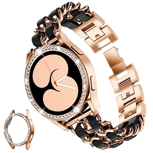 Uhrenarmband für Samsung Galaxy Watch 4 40/44mm Watch Active 2 40/44mm Edelstahlkette mit Ledergürtel Ersatz Gurt Bling-Diamant Luxus Schmuck Armband Armband Image