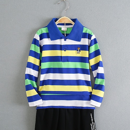 kinderkleidung Jungen T-Shirt Tee Karikatur Streifen Langarm Taste Baumwolle Kinder oben Schulanfang bezaubernd Täglich Frühling Herbst GUCI langärmliges, dickes Streifenmuster 7-13 Jahre Image