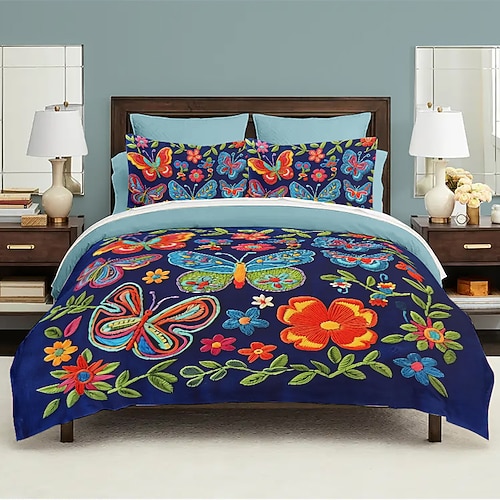 Vintage-Bettbezug-Set mit Schmetterlingsmuster, weiches 3-teiliges Luxus-Baumwoll-Bettwäsche-Set, Heimdekoration, Geschenk, King-Size-Bettbezug Image