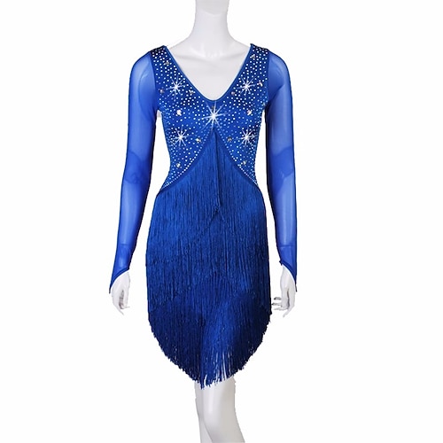 Latein-Tanz Kleid Quaste Pure Farbe Kristalle / Strass Damen Leistung Party Langarm Gitter Spandex Image