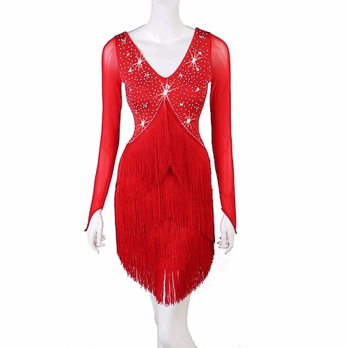 Latein-Tanz Kleid Quaste Pure Farbe Kristalle / Strass Damen Leistung Party Langarm Gitter Spandex Image