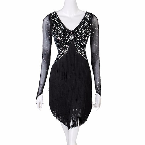 Latein-Tanz Kleid Quaste Pure Farbe Kristalle / Strass Damen Leistung Party Langarm Gitter Spandex Image