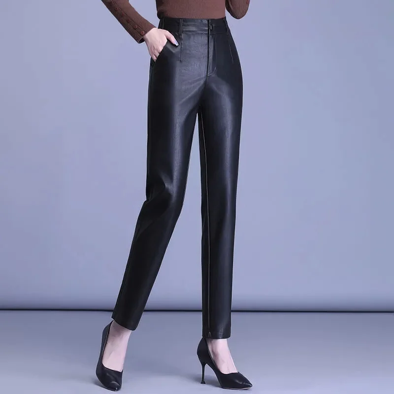 2023 primavera autunno pantaloni in pelle di pecora donna pantaloni dritti a vita alta Slim Lady pantaloni Casual in vera pelle pantaloni alla caviglia