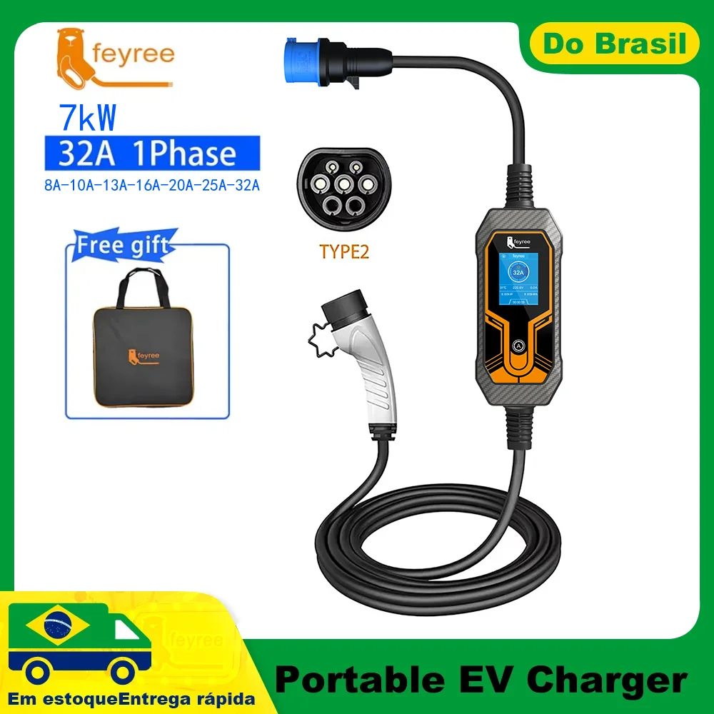 Feyree 32A 7KW Type2 EV Caricatore portatile 11KW 16A 3 fasi 5M Cavo EVSE Scatola di ricarica Caricatore per auto Spina CEE per veicolo elettrico