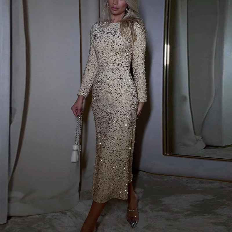 Abito da donna sexy lucido glitter paillettes abito da festa lungo 2024 primavera autunno o-collo manica lunga aderente maxi abiti abiti