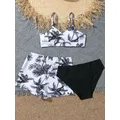 3 Pieces Palm Tree Bikini 2023 Girls Swimsuit & Shorts High Waist Kids Swimwear Female & Beach Skirt