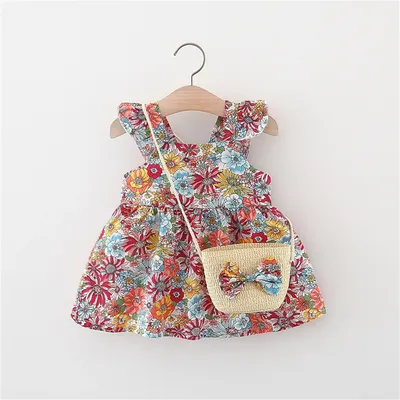 Summer 2-Piece Baby Dress+Woven Bag Girl'S Summer Clothes Baby Dress 0-3 Year Old Floral Beach