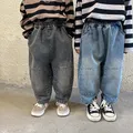 Boy Girl Children Patch Casual Jeans Autumn Winter Clothes Kid Loose Pocket Retro Denim Pants Baby