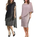 Elegant Women Plus Size O-Neck Chiffon Patchwork Double Layer Midi Pencil Dress Women Party Dress