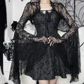 Vintage Gothic Black Lace T-shirt Women Streetwear Flare Sleeve See Through Sexy Smock Top Elegant