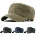 Unisex Vintage Washed Cotton Military Cadet Flat Top Cap Adjustable Trucker Hat For Running Golf