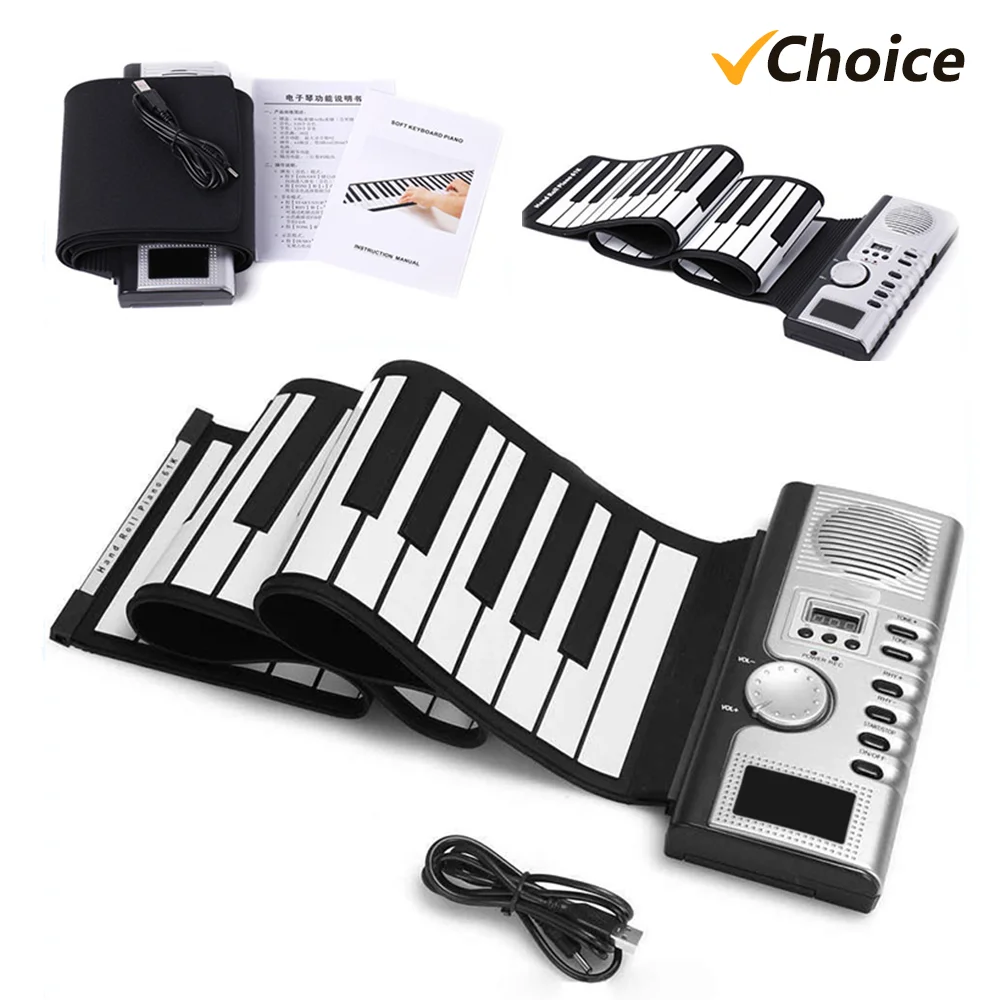 Tastiera per pianoforte arrotolabile a 61 tasti Pianoforte elettronico portatile in morbido silicone con altoparlante incorporato Display LCD Funzione MIDI di registrazione
