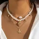 PuRui Gold Color Starfish Shape Pendant Necklace Imitation Pearl Beads Choker for Women Vintage