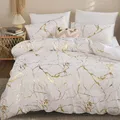 Queen Bedding Duvet Cover Set White Marble Printed 3 Piece Luxury Microfiber Down Comforter Quilt