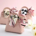 10PCS Distribute Leather Pink Gift Bags Wedding Favour Bag for Guest Mini Handbag with Ribbon Candy