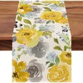 Spring Yellow Floral Flowers Linen Table Runner Wedding Decoration Rose Peony Watercolor Tbale