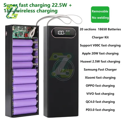 20*18650 Lithium Battery Case DIY Mobile Power Shell 22.5W Fast Charger 15W Wireless Charger LED Battery Indicator Flashlight