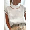 Women's solid color hollow top casual turtleneck cotton lace breathable shirt