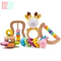 5PCS Organic Safe Wooden Toys Baby Montessori Toddler Toy Grip DIY Crochet Rattle Soother Bracelet