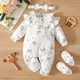 hibobi 2 Pieces Baby Girl Sweet Floral Print Ruffle Sleeve Jumpsuit & Hairband fashion Baby gift for