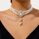 KunJoe Luxury White Rhinestone Droplet Long Choker Necklace Women Vintage Multi-layer Imitation