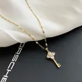 Korean Style Fashion Crystal Zircon Key Pendant Stainless Steel Necklace For Women Cute Gold Color