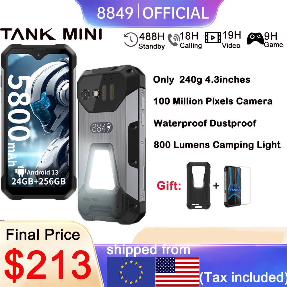 8849 Tank Mini Rugged Smartphone 16/24GB 256GB 5800mAh100Mp Camera Android 13 Cellphone 4.3 inch Waterproof Mobile Phone
