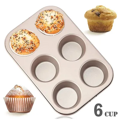 6 Cups Cupcake Pan Muffin Tray Non-Stick Carbon Steel Muffin Baking Pan Egg Tart Baking Tray Dish Round Biscuit Cake Mould Pan