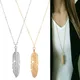 Simple Feather Pendant Necklace for Women Long Sweater Chain Gold Silver Color Vintage Jewelry