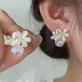 New Korean Elegant Opal Flower Pearl Stud Earrings for Women Fashion Shiny Zircon Crystal Earring