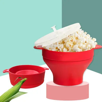 Silicone DIY Microwave Popcorn Bowl Bucket Red Popcorn Maker with Lid Chips Fruit Dish High Quality Kitchen Easy Tools