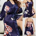 Large Size 5XL Female Long Robe Set Print Flower Kimono Bathrobe Gown Spring Summer Satin Sleepwear