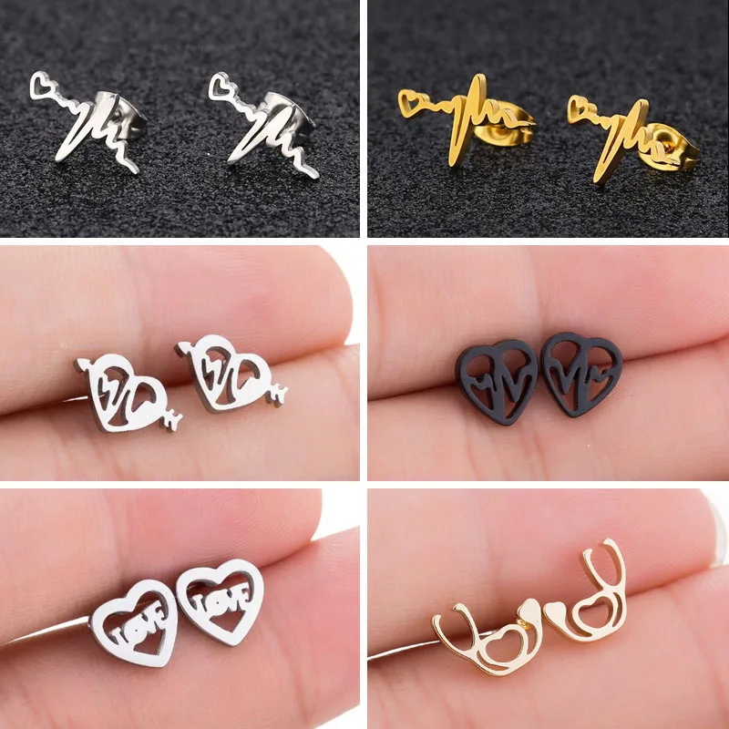SMJEL Trendy Heart Wave Stud Earrings Black Stainless Steel Heartbeat Stethoscope Earings Women Doctor Accessories Jewelry Gift