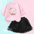 Summer Kids Clothes Flower Flamingo T Shirt & tutu Mesh Skirt Two Piece Pretty Korean Little Girls