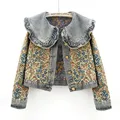 Autumn Fashion Jacquard Embroidery Denim Jacket Women Slim Short Blue Cowboy Outerwear Peter Pan