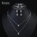 RAKOL Women Double Layer Necklace Zircon Earrings Ring Bracelet Opening Set Droplet Pendant Square